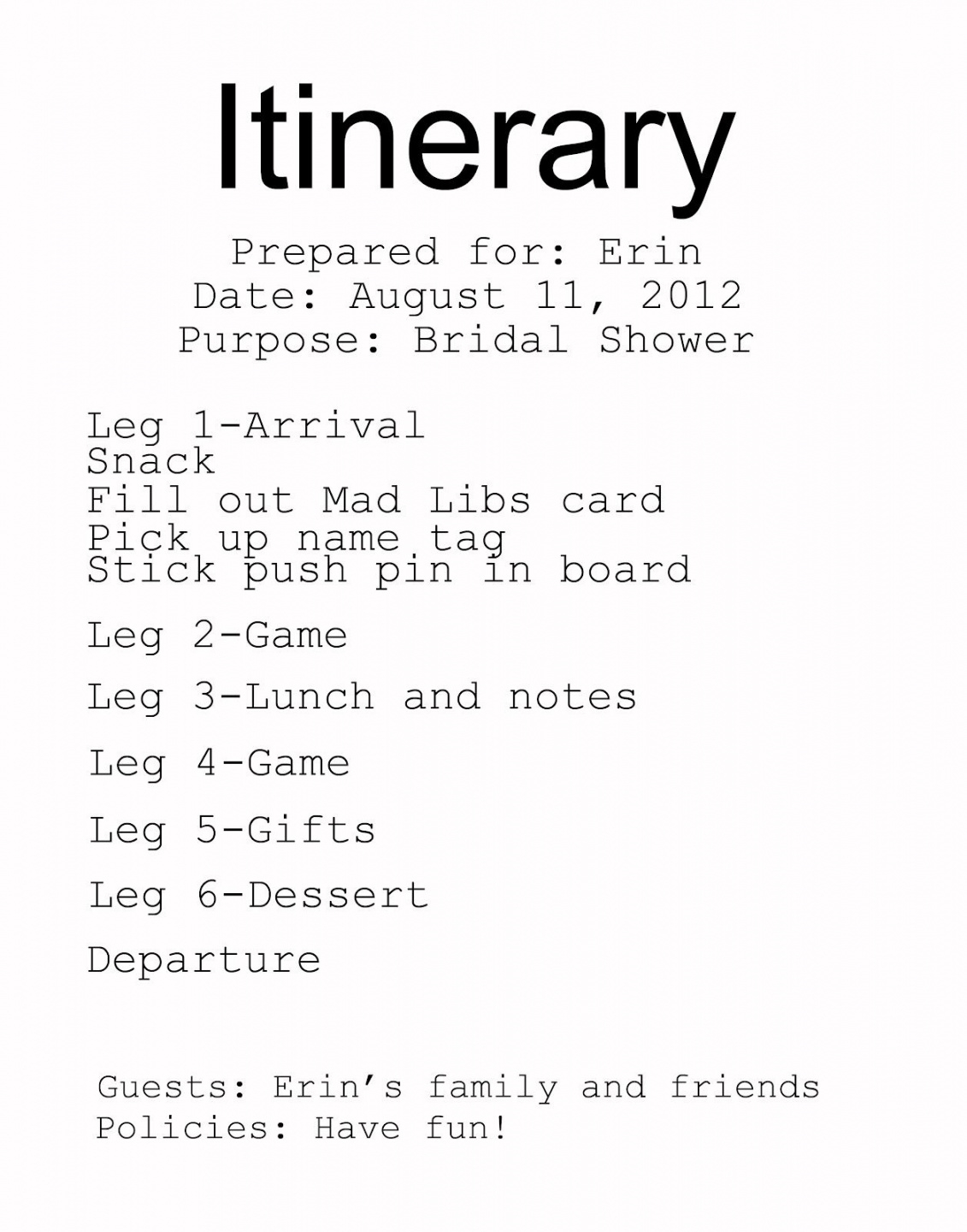 Bridal Shower Itinerary Template