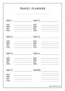 editable free printable 7 day travel planner use to plan outfits day by day travel itinerary template