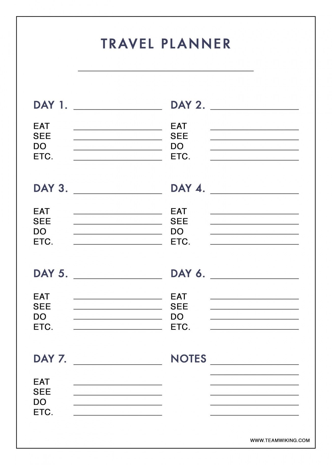 editable free printable 7 day travel planner use to plan outfits day by day travel itinerary template