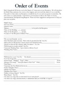 editable order of events for wedding dj  wedding reception timeline wedding reception itinerary template excel