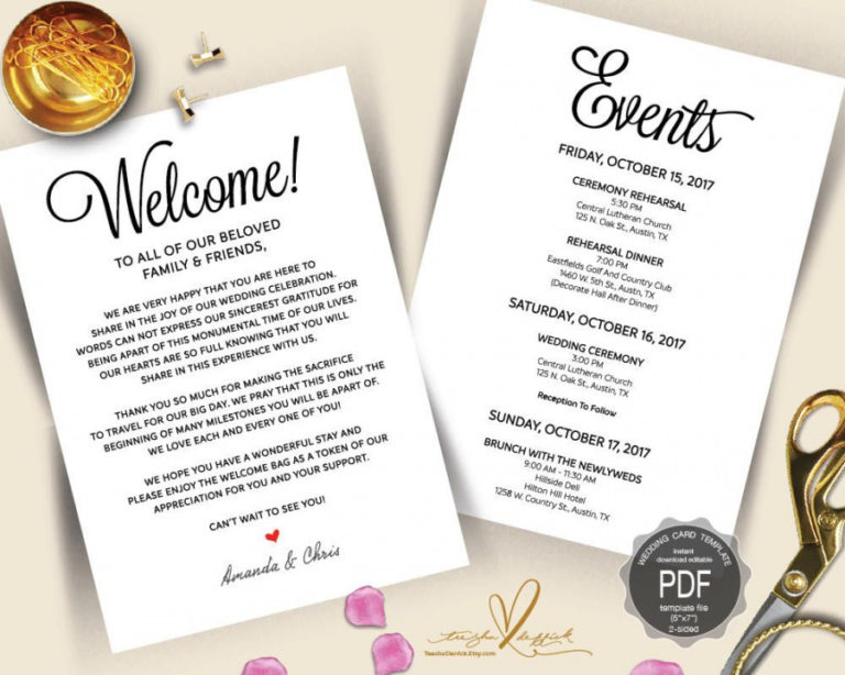 Editable Wedding Welcome And Itinerary Card Editable Pdf Template ...