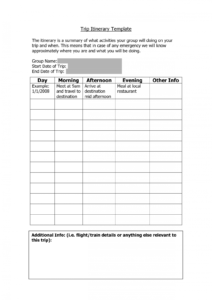 printable vacation itenerary template  trip itinerary template group travel itinerary template