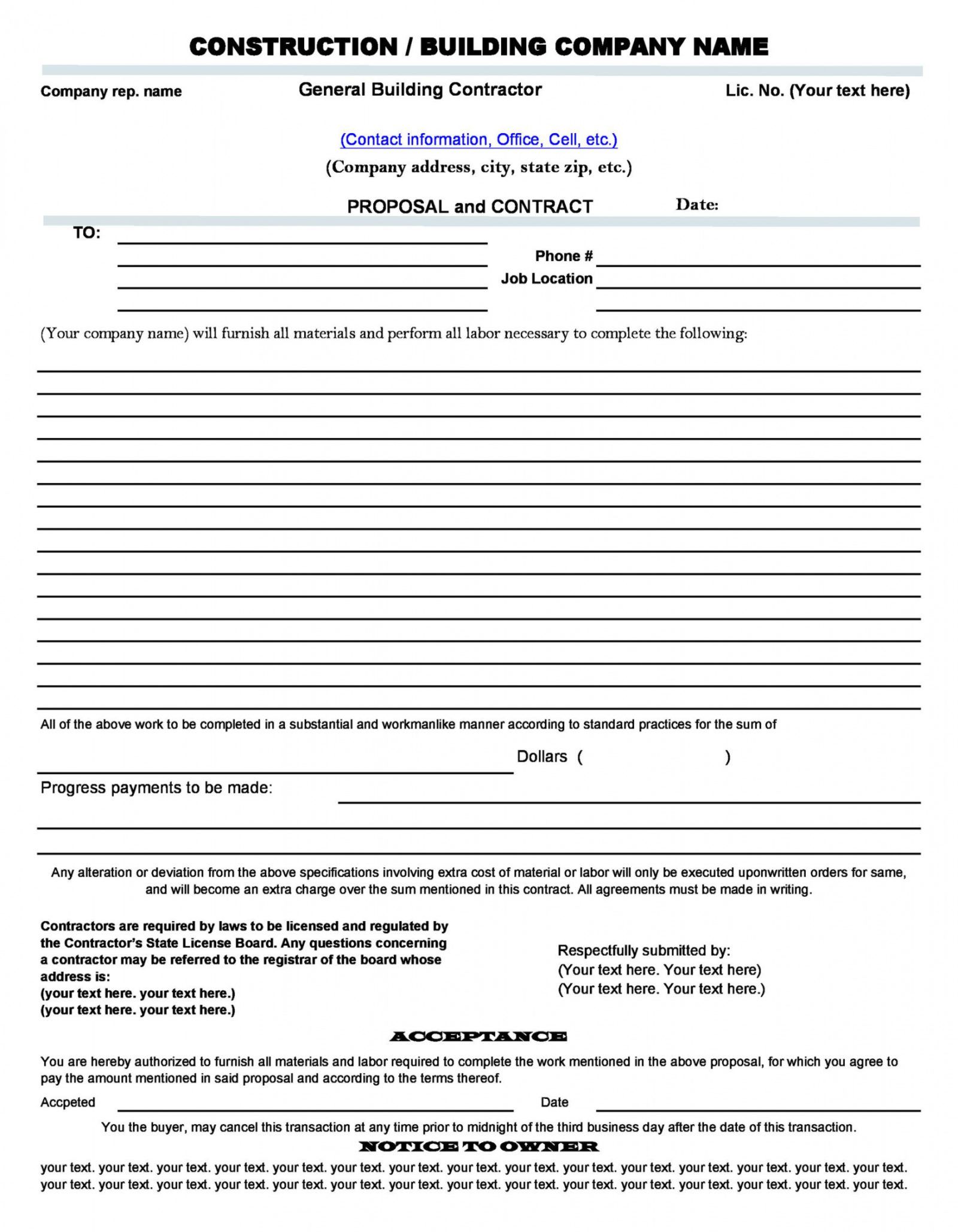 31 Construction Proposal Template Construction Bid Forms Proposal