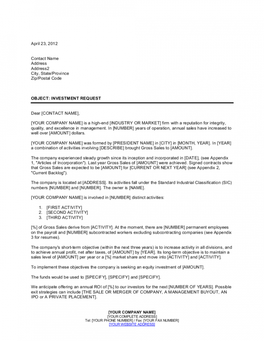 letter of request for an equity investment template  by venture capital proposal template pdf