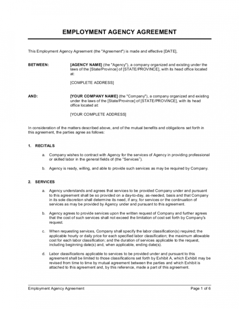 Printable Employment Agency Agreement Template By Businessinabox ...