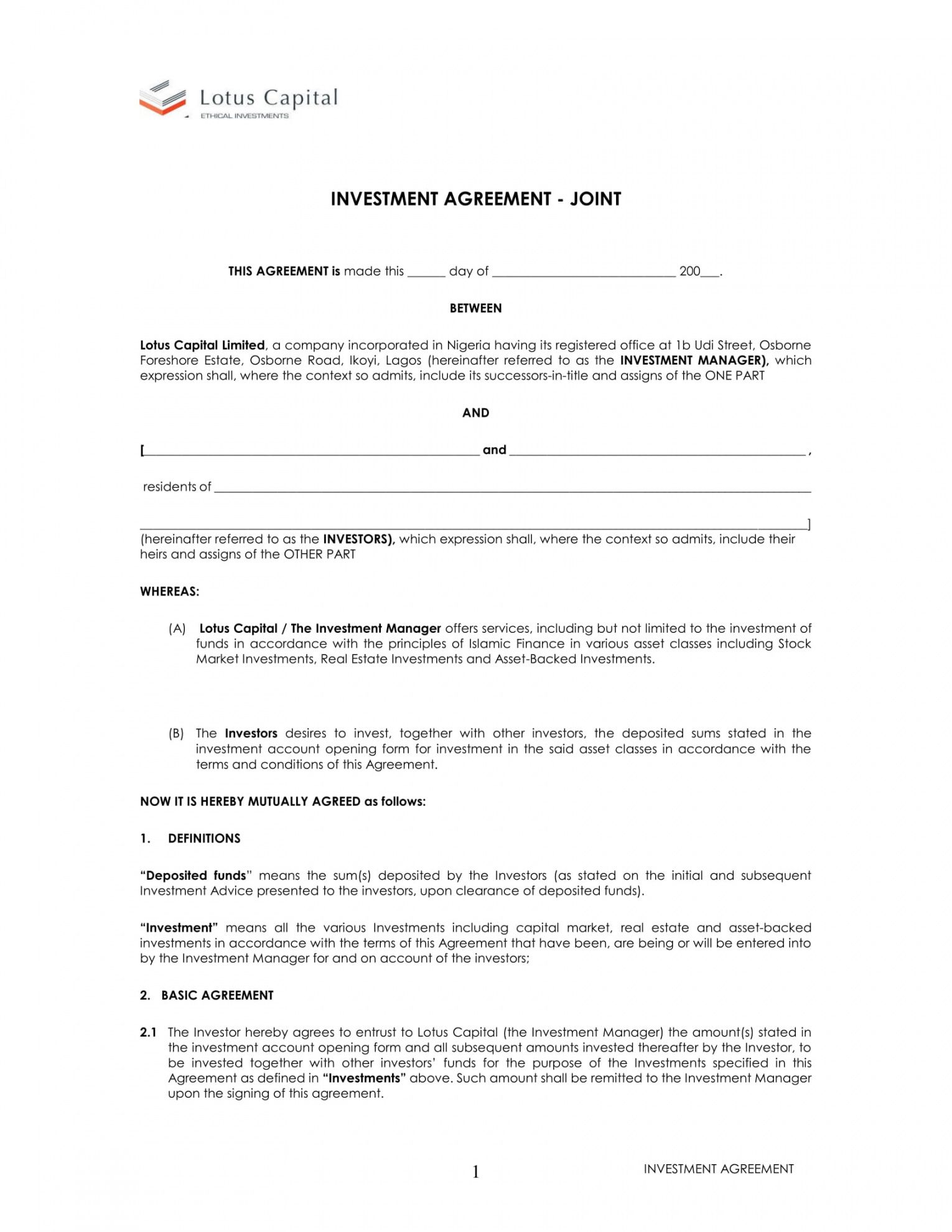 editable 12 free real estate investment agreement examples  doc asset management agreement template excel