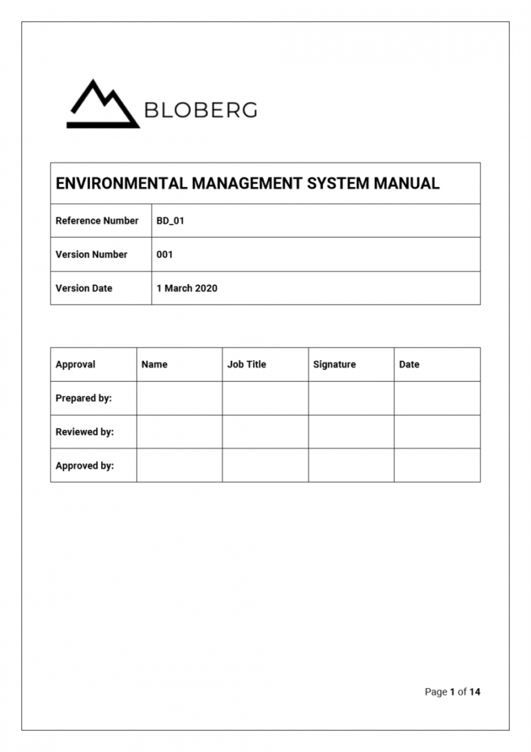 Free Environmental Management System Manual Template Bloberg