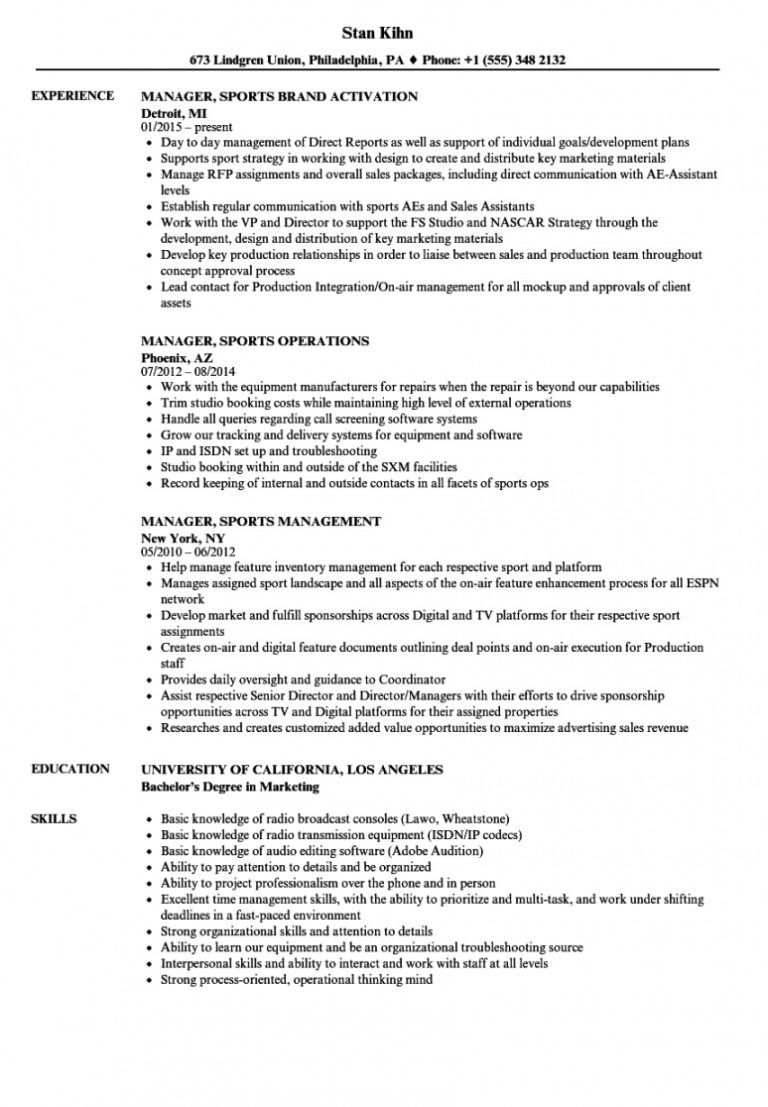 sport management resume objective examples