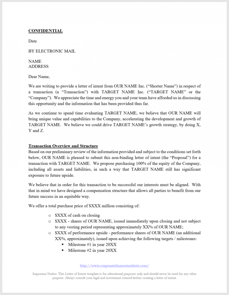 Printable Letter Of Intent Loi Template All The Key Terms Included 