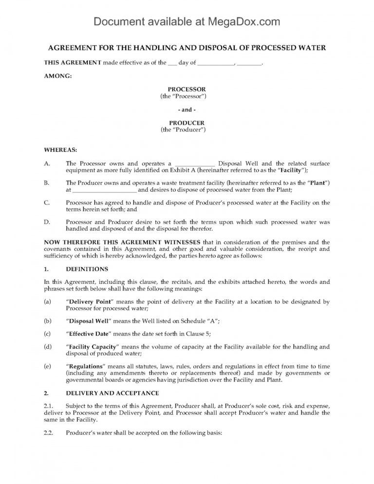 Printable Waste Water Disposal Agreement Waste Management Contract 