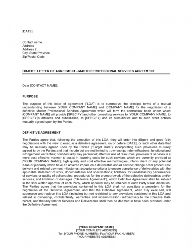 Free Letter Of Agreement Master Professional Services Agreement Interim ...