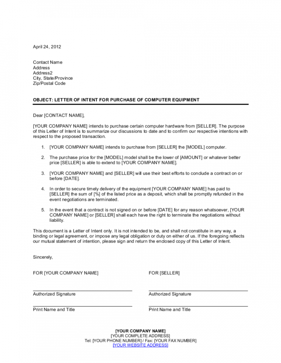 letter of intent for purchase of computer equipment template equipment purchase proposal template example