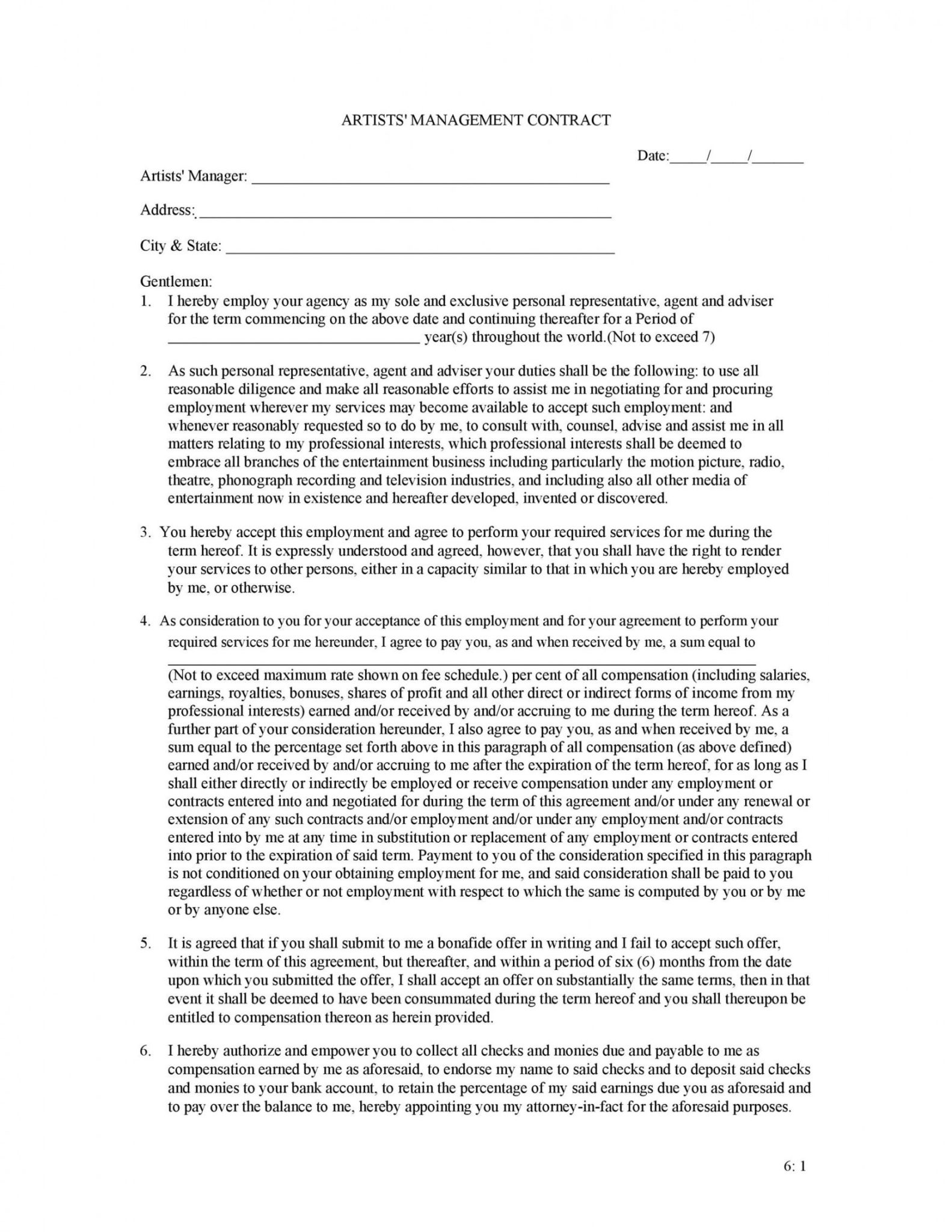Printable 50 Artist Management Contract Templates Ms Word Templatelab