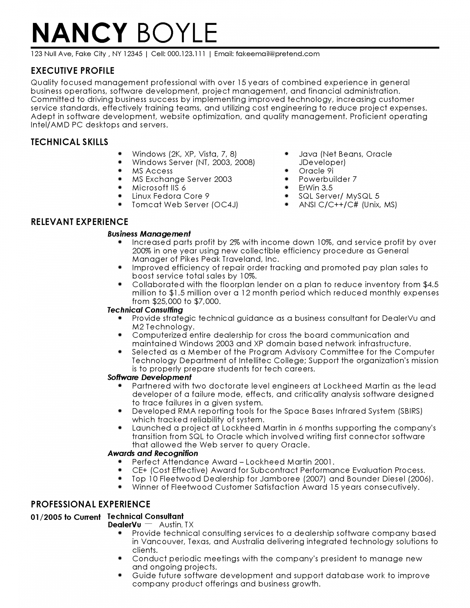 Business Management Resume Example