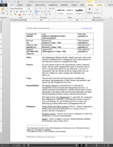 printable risk opportunities management iso 9001 2015  qp0600 risk management policy and procedure template doc