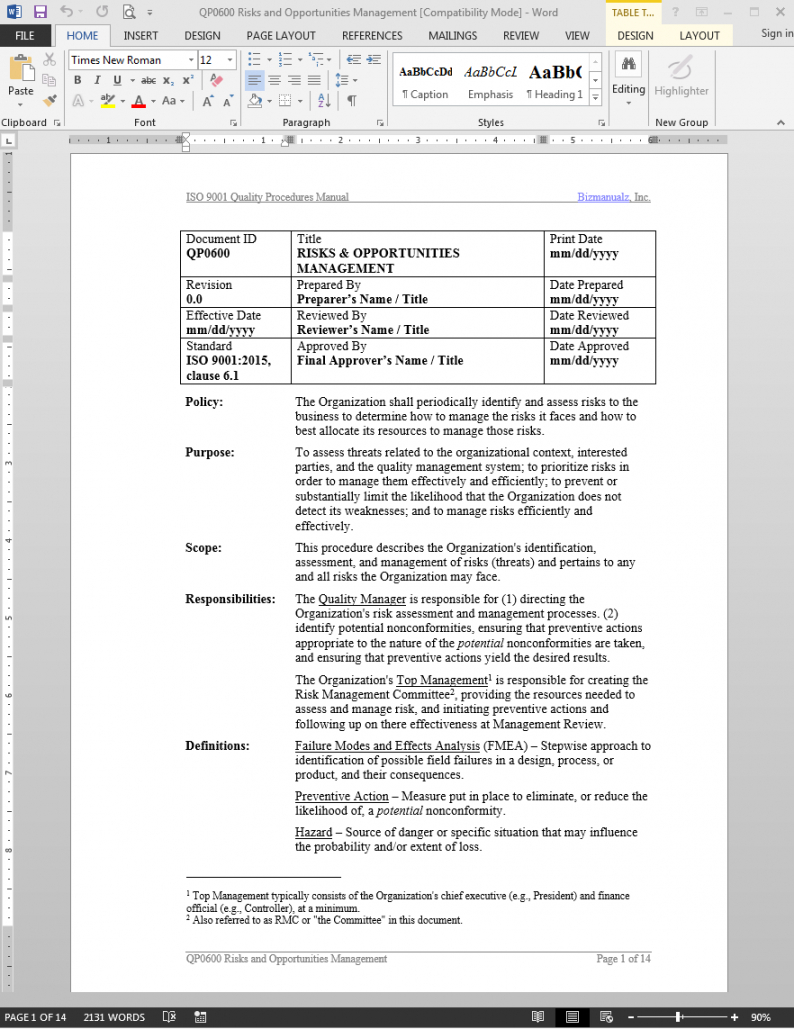 Printable Risk Opportunities Management Iso 9001 2015 Qp0600 Risk