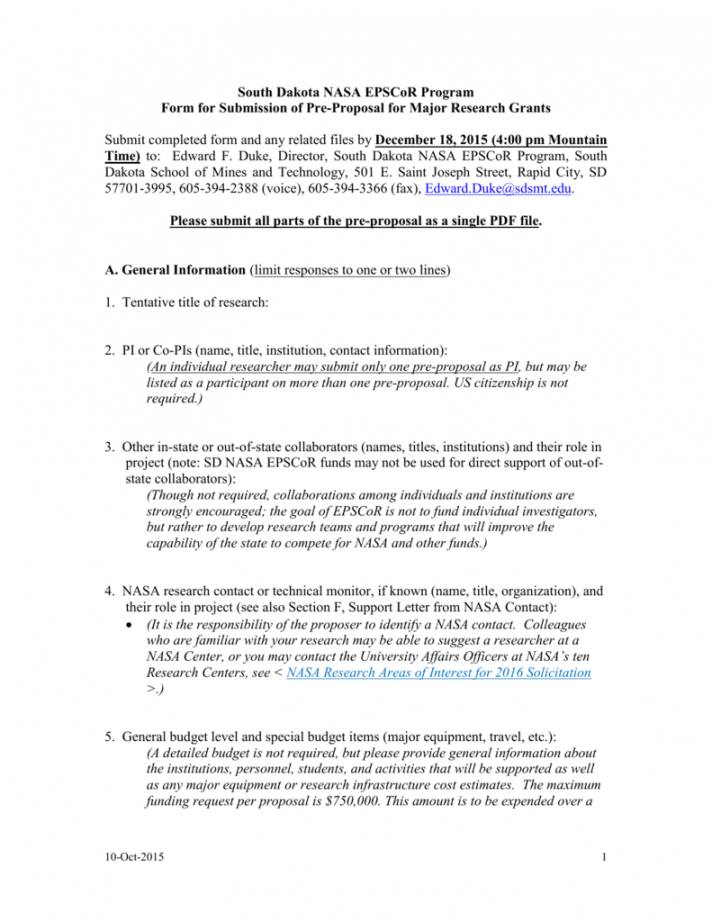 printable sd nasa epscor fy 2016 major research grant nasa proposal template doc