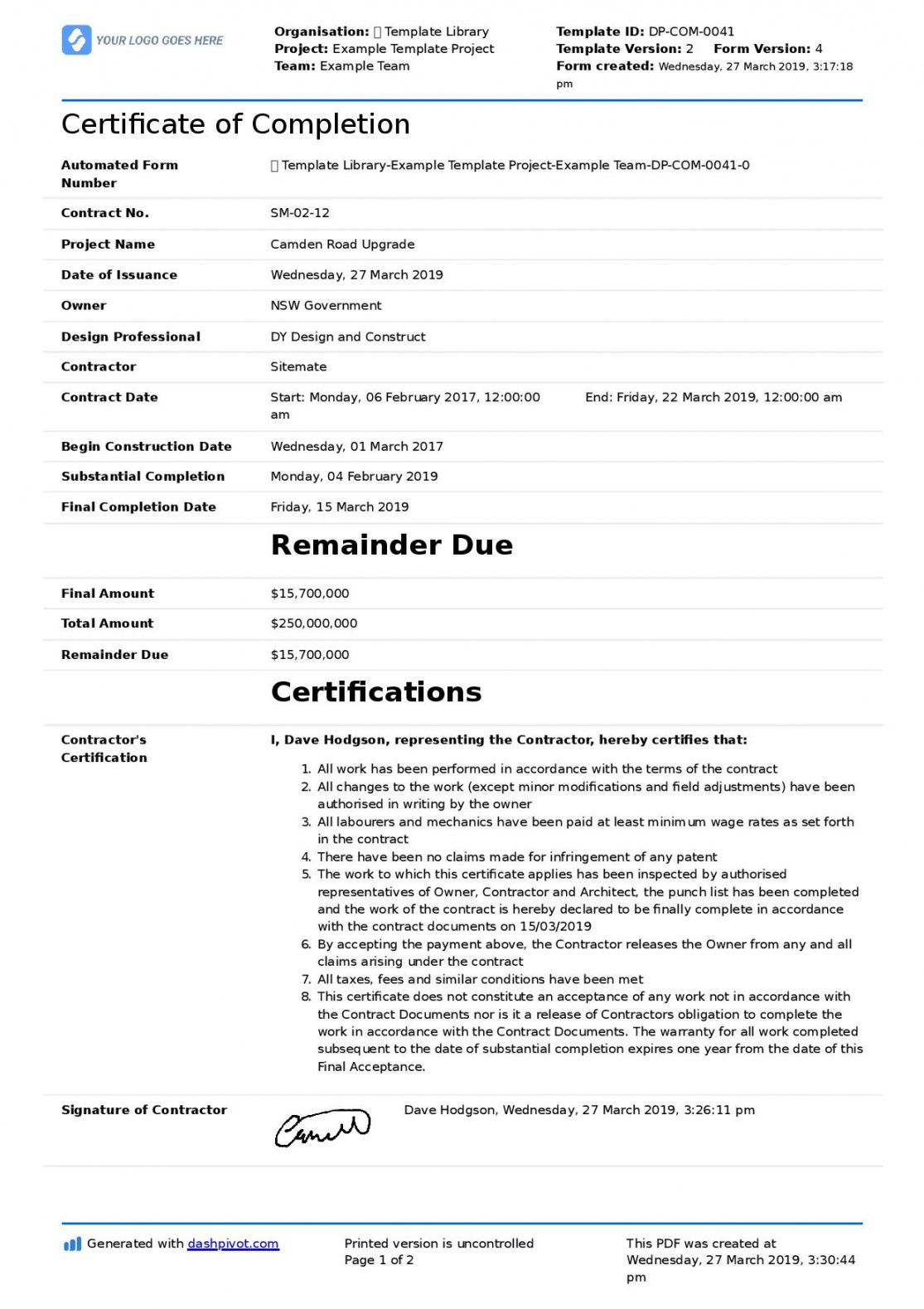 sample certificate of completion for construction free template construction project management contract template pdf