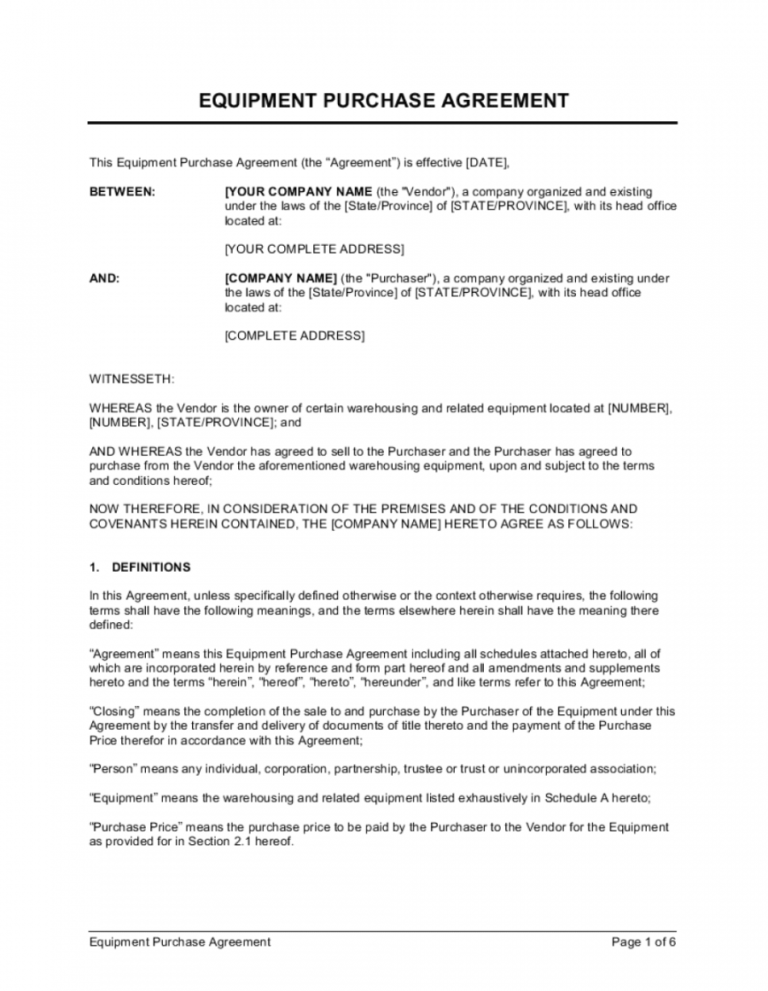 Sample Equipment Purchase Agreement Template By Businessinabox