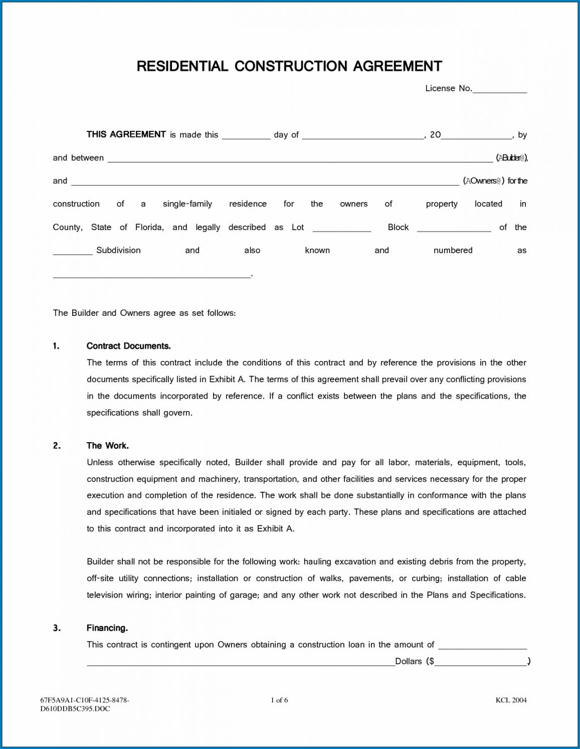 Editable Free Printable Residential Construction Contract Template Residential Construction