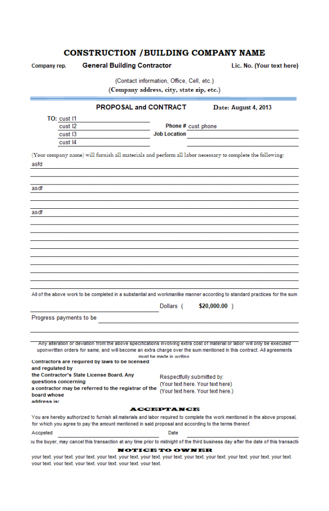 free construction proposal template contractor bid proposal template example