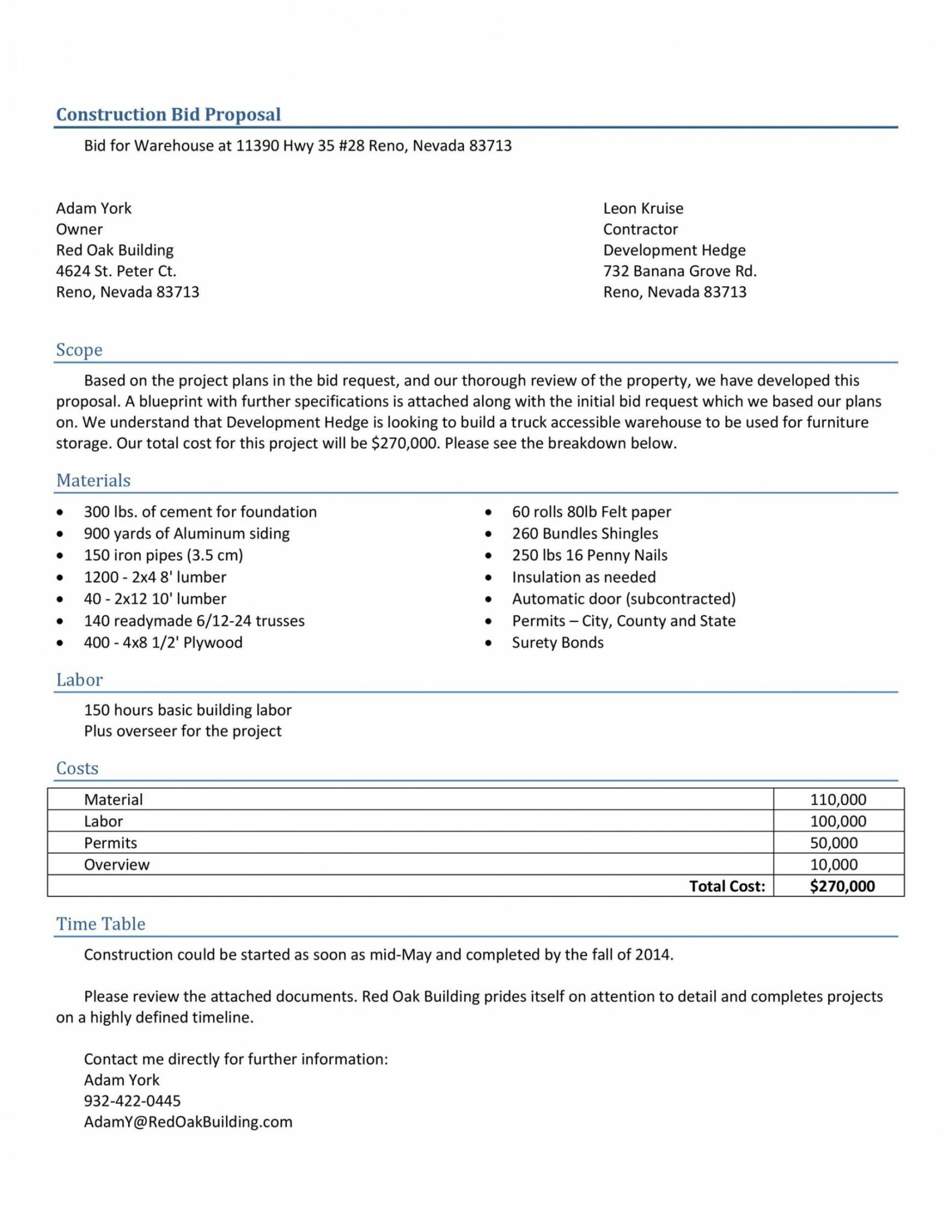 Sample 31 Construction Proposal Template Construction Bid Forms