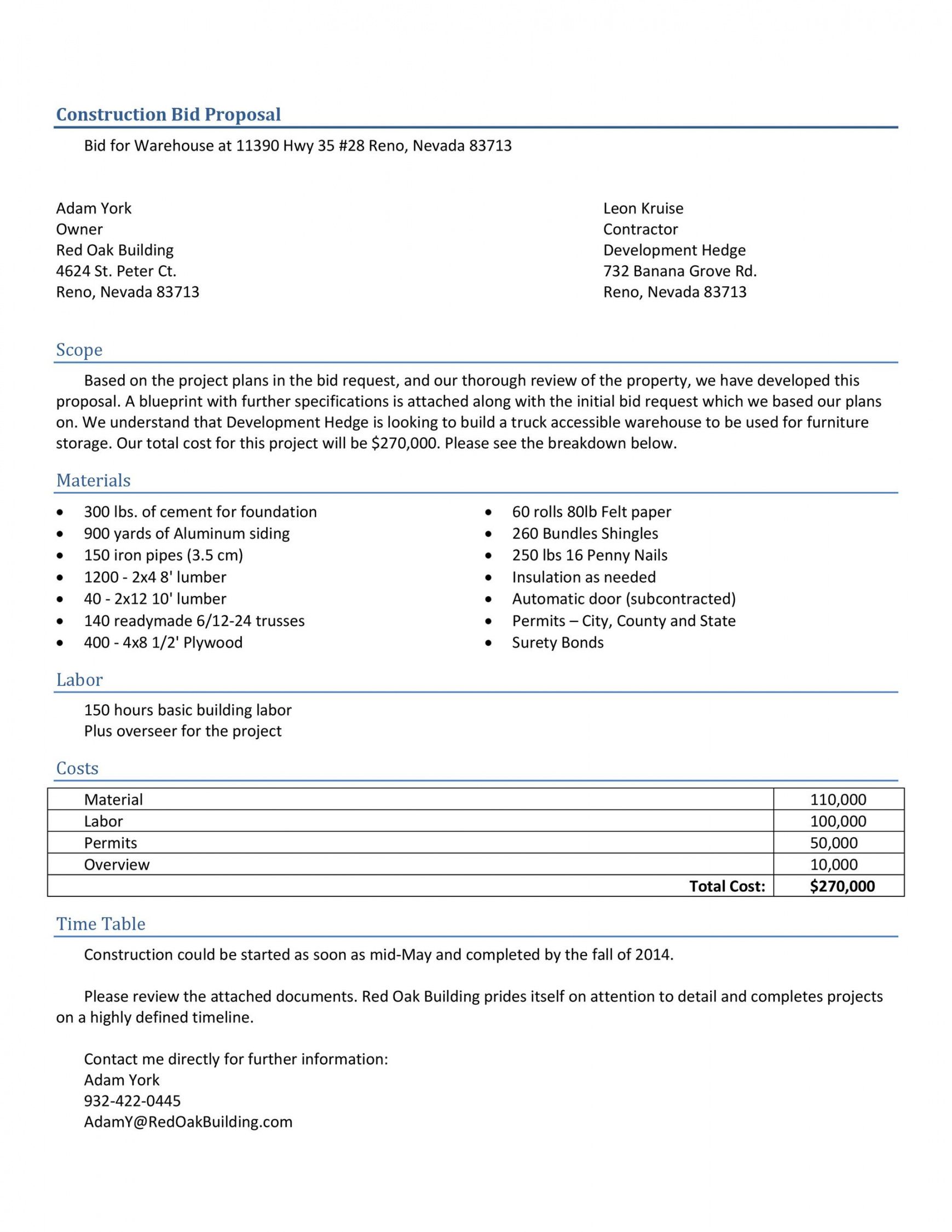 Construction Bid Proposal Example