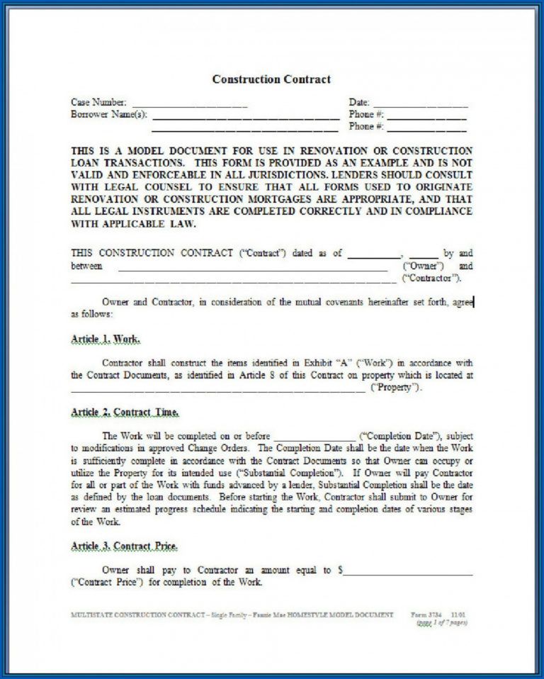 Sample Residential Construction Contract Template Addictionary