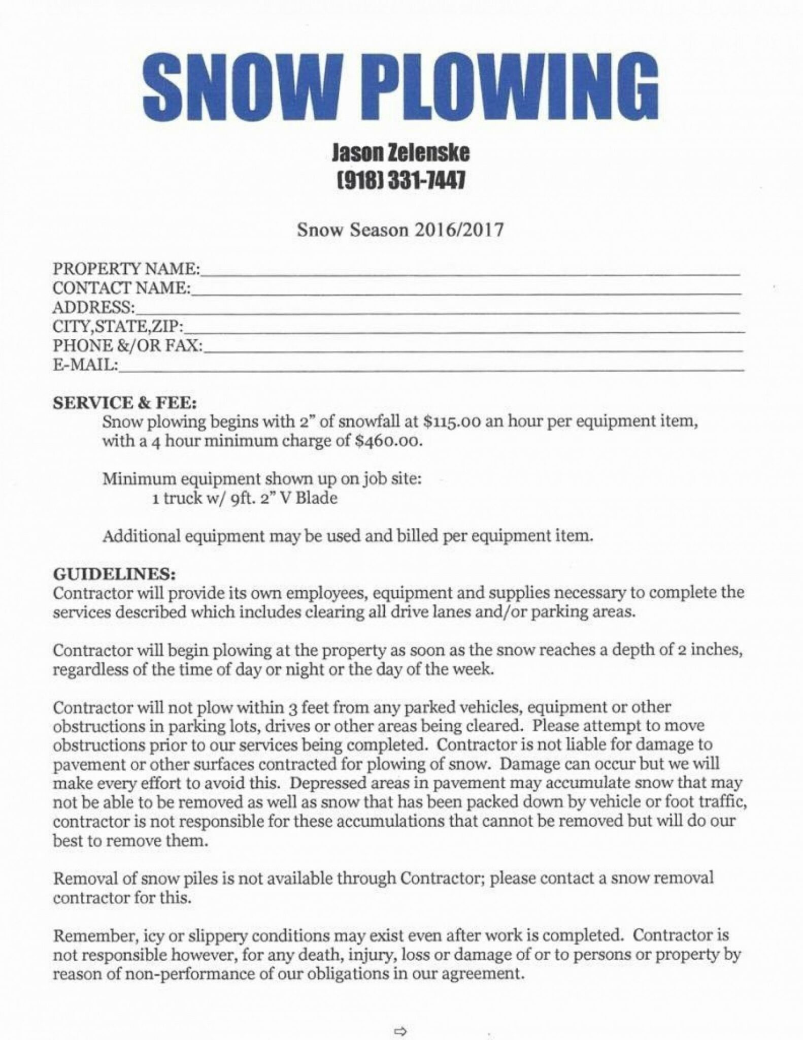Snow Removal Contract Template ~ Addictionary Snow Removal Proposal
