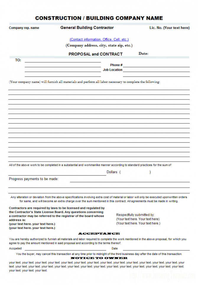 contractor bid template  free printable documents bid proposal form template word