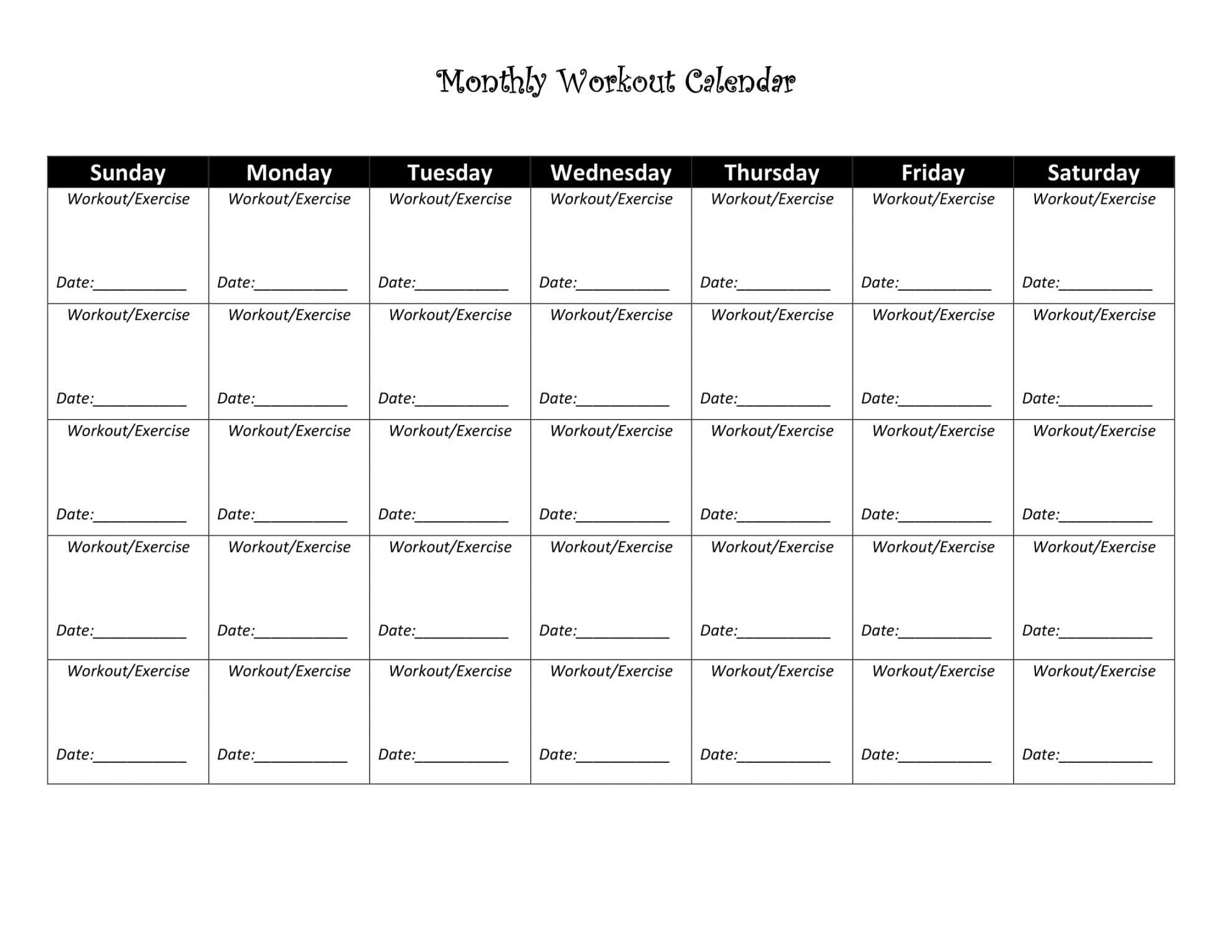 free blank workout calendar  free pdf or word download fitness proposal template example