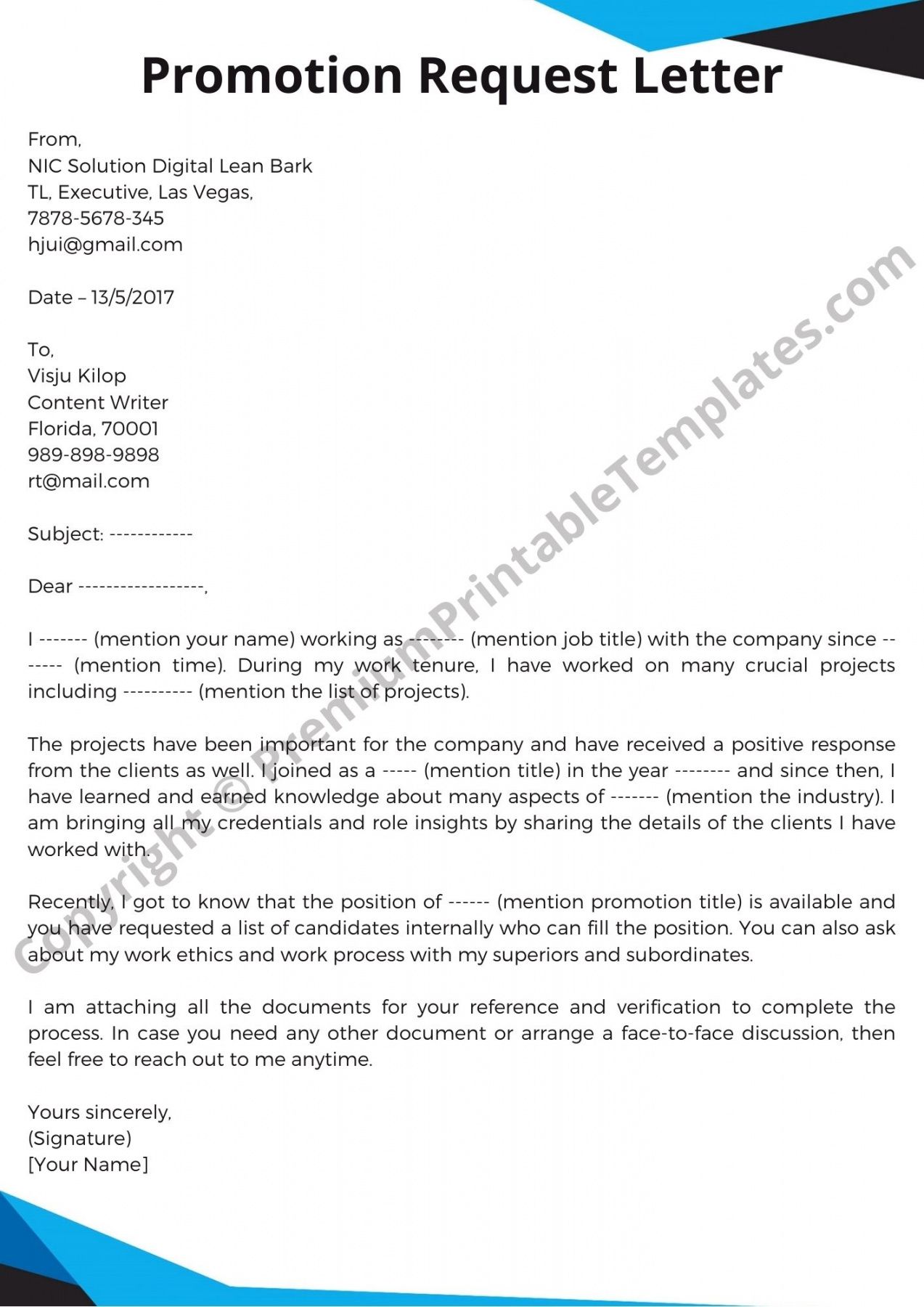printable printable promotion request letter pack of 5  premium promotions proposal template excel