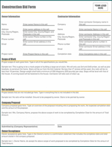 sample 》free printable construction bid proposal template  bogiolo project bid proposal template example