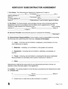 free kentucky subcontractor agreement  word  pdf  eforms subcontractor bid proposal template doc