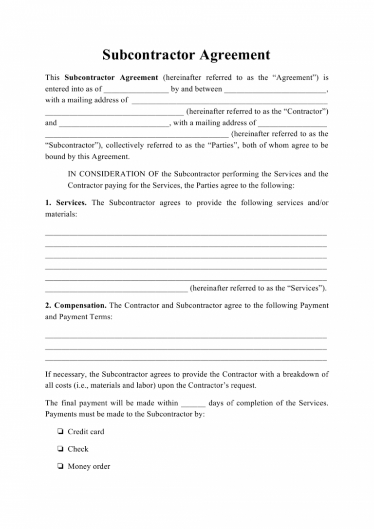 Printable Subcontractor Agreement Template Download Printable Pdf ...