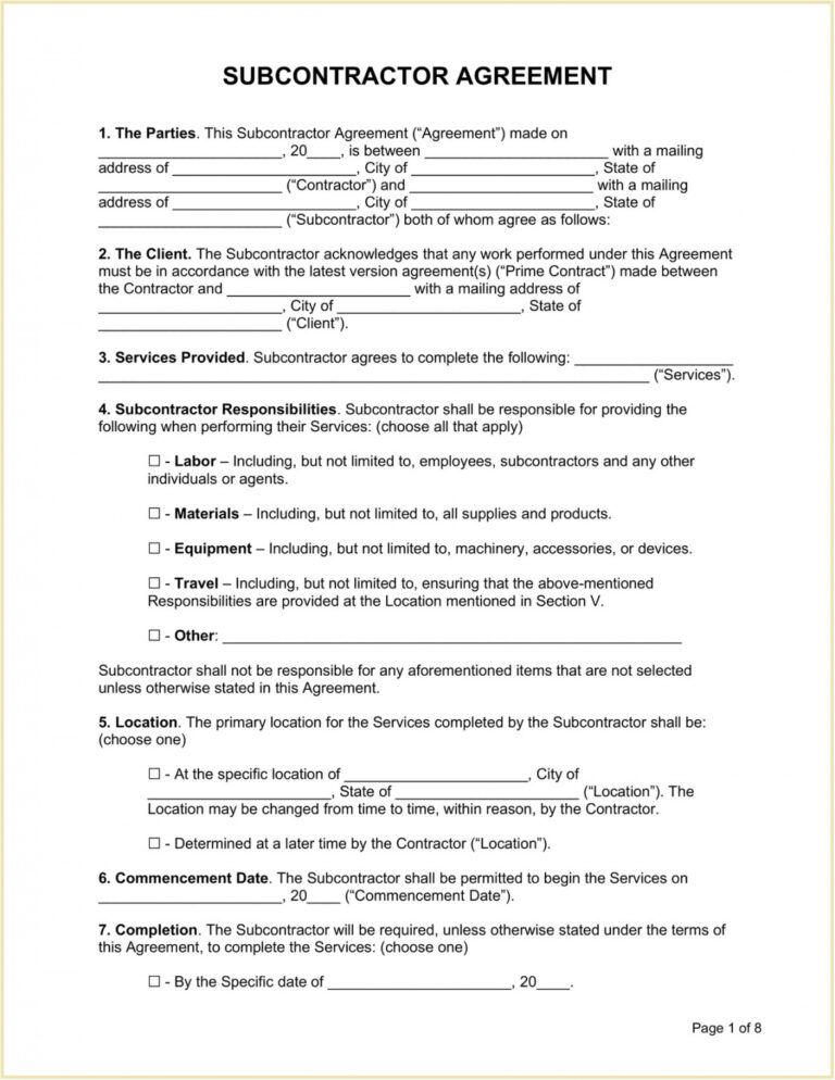 Printable Subcontractor Agreement Template Sample Subcontractor Bid ...