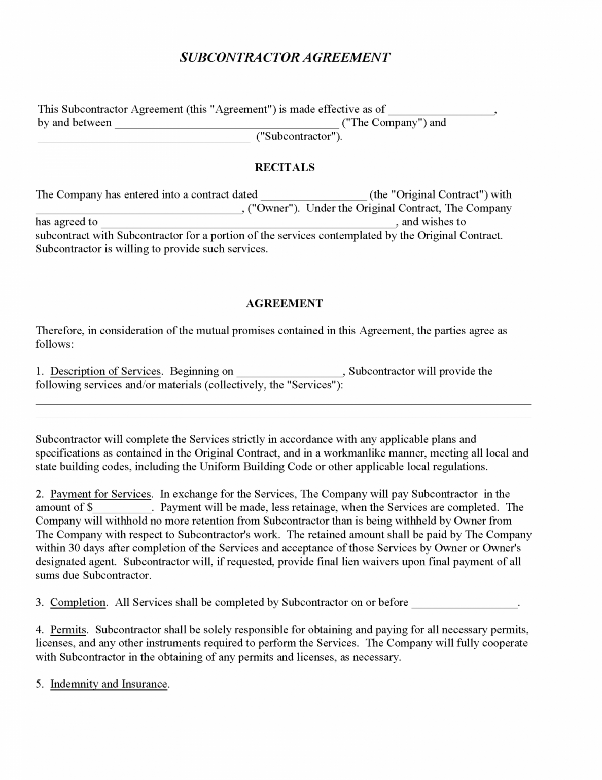 Sample Subcontractor Agreement Fillable Pdf Free Printable ...