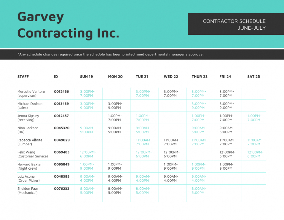 printable teal contracting work schedule template alternative work schedule proposal template example
