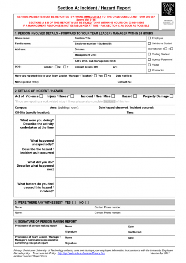 sample incident hazard report form template  professional templates security incident management policy template pdf