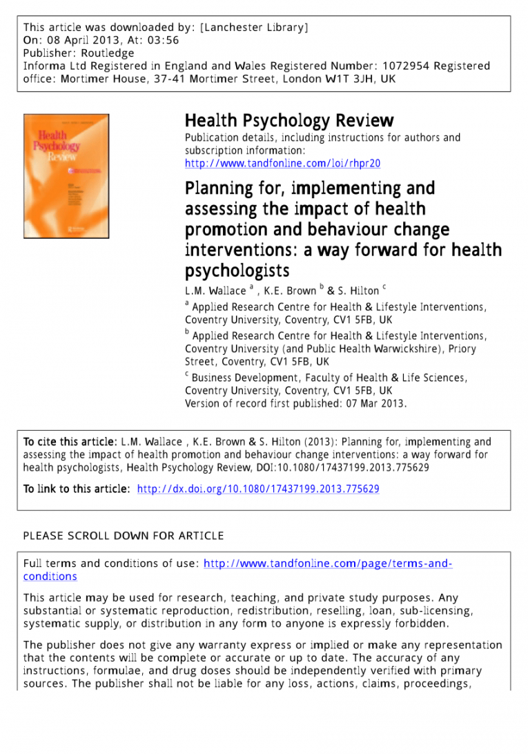 pdf health psychology review planning for implementing health promotion project proposal template excel