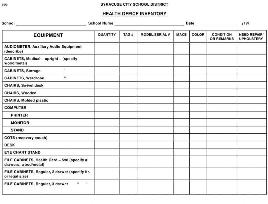 health office inventory template  syracuse city school district medical supply inventory template pdf