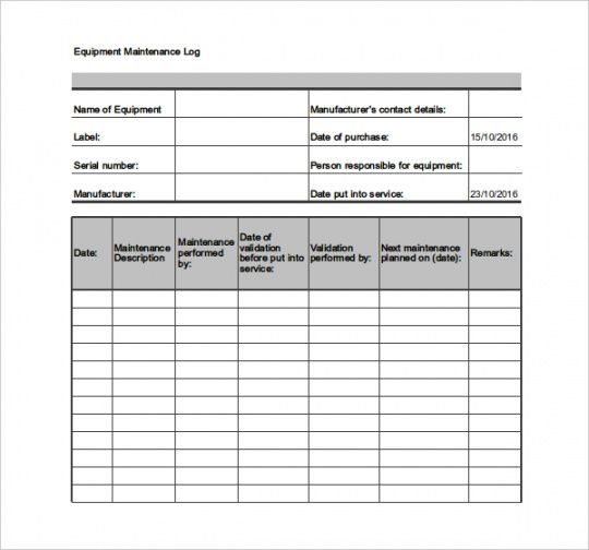printable equipment maintenance log template  charlotte clergy coalition heavy equipment inventory template excel