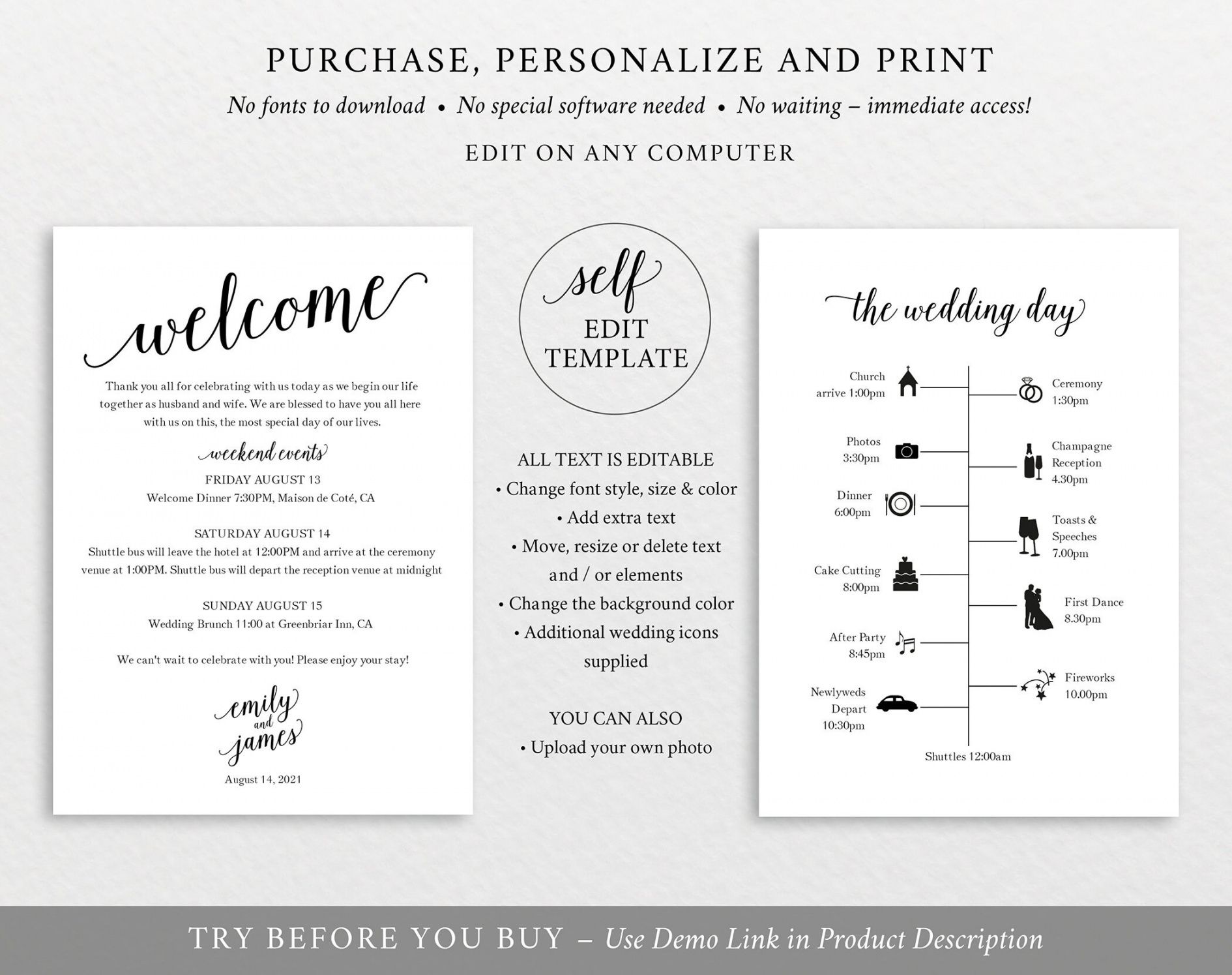 printable wedding itinerary template modern script editable instant download reception itinerary template word