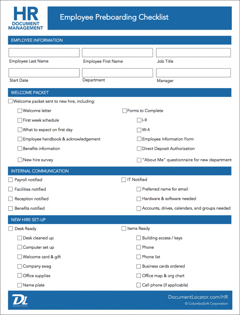 sample employee preboarding checklist  hr form templates change management checklist template pdf