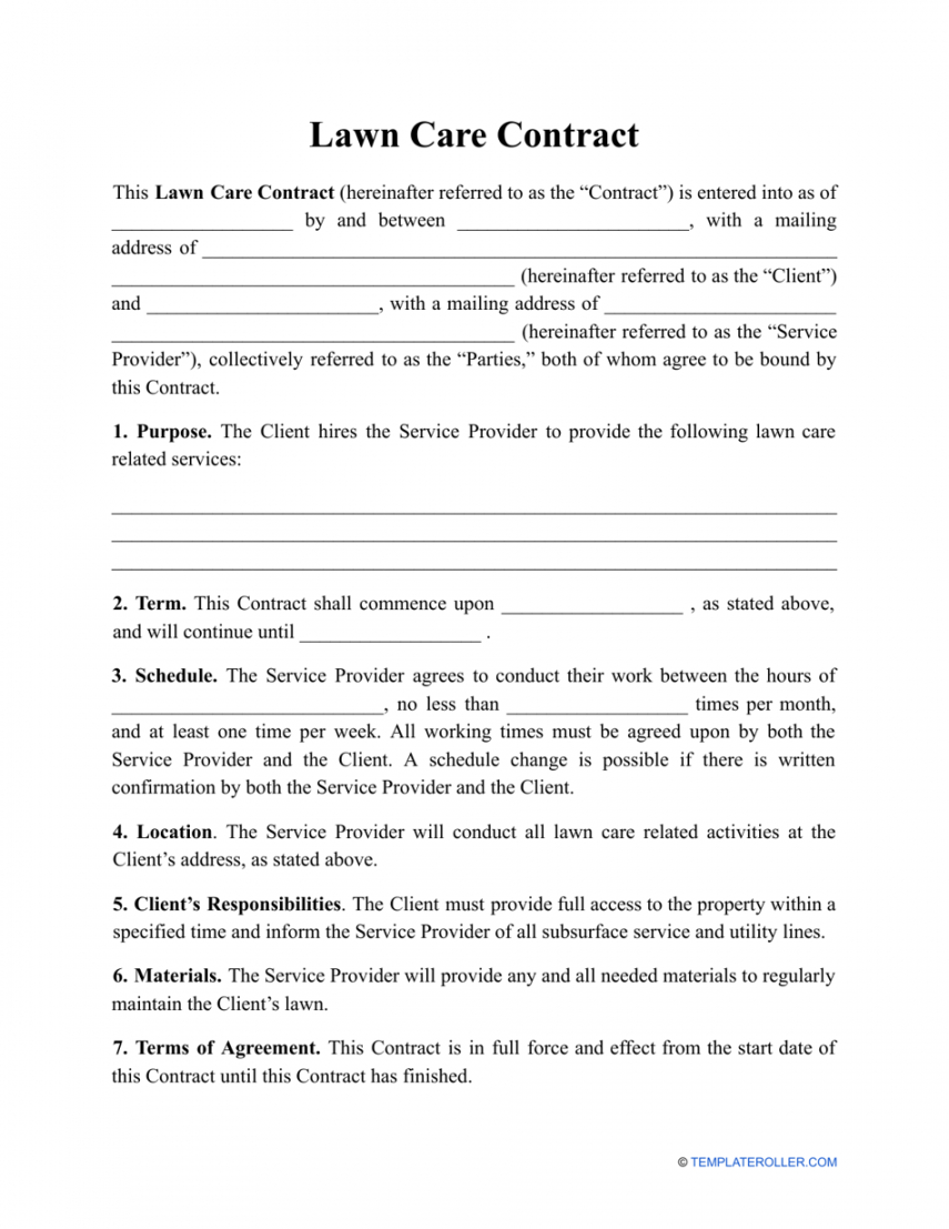 printable lawn care contract template  fill out sign online and download pdf  templateroller lawn care bid proposal template excel
