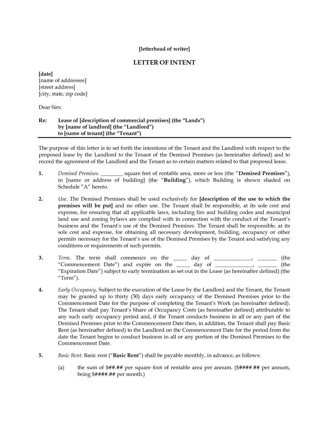 free letter of intent to lease commercial space template proposal to lease commercial space template