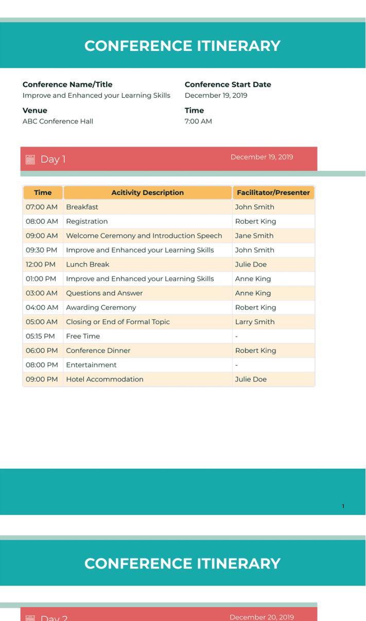 printable corporate event itinerary template doc