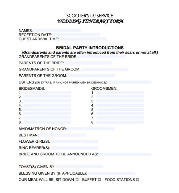 printable wedding reception dj itinerary template word sample