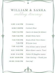 wedding reception dj itinerary template excel sample