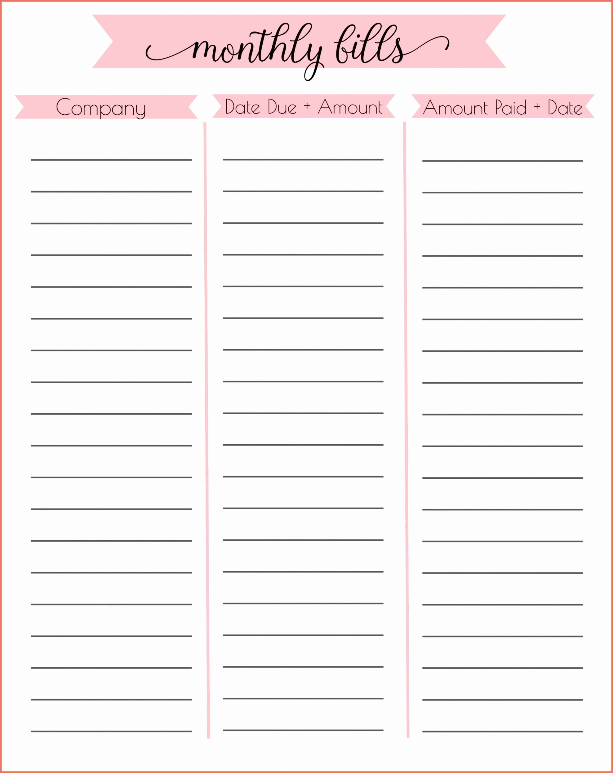 Free Printable Monthly Bill Expense Template Word Sample